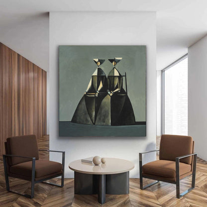 May include: Abstract painting featuring two figures in long, dark dresses and geometric hats. The figures are set against a muted green background. The artwork is displayed in a modern interior setting with brown chairs and a round coffee table.