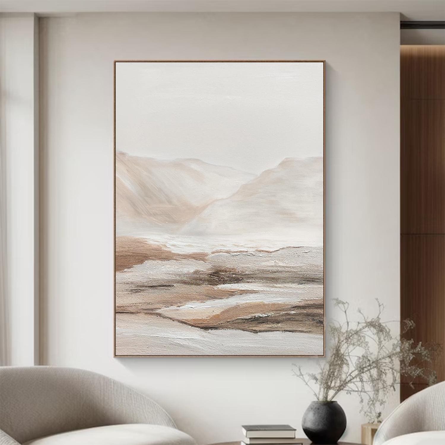 Beige Abstract Canvas Painting – Minimalist Landscape Wall Art – Abstract Painting