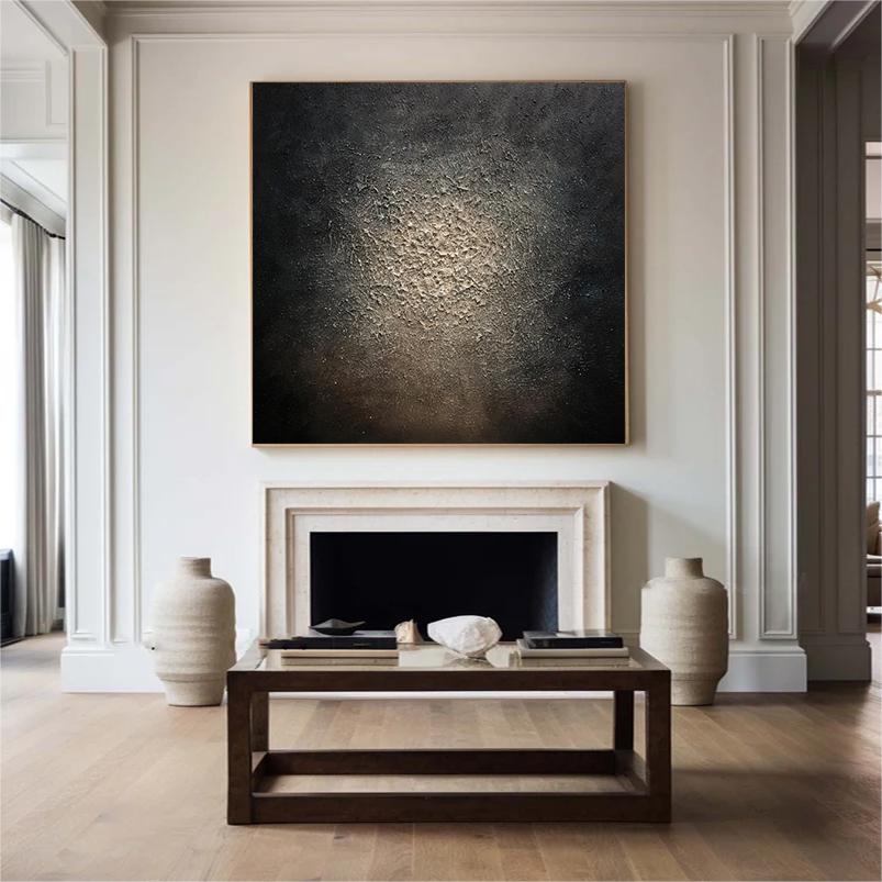 Large Black Textured Abstract Painting – Gold Wall Art