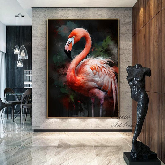 Impressionist Flamingo Oil Painting on Canvas, Large Original Flamingo Canvas Wall Art, Modern Animal Wall Art for Living Room, Home Decor