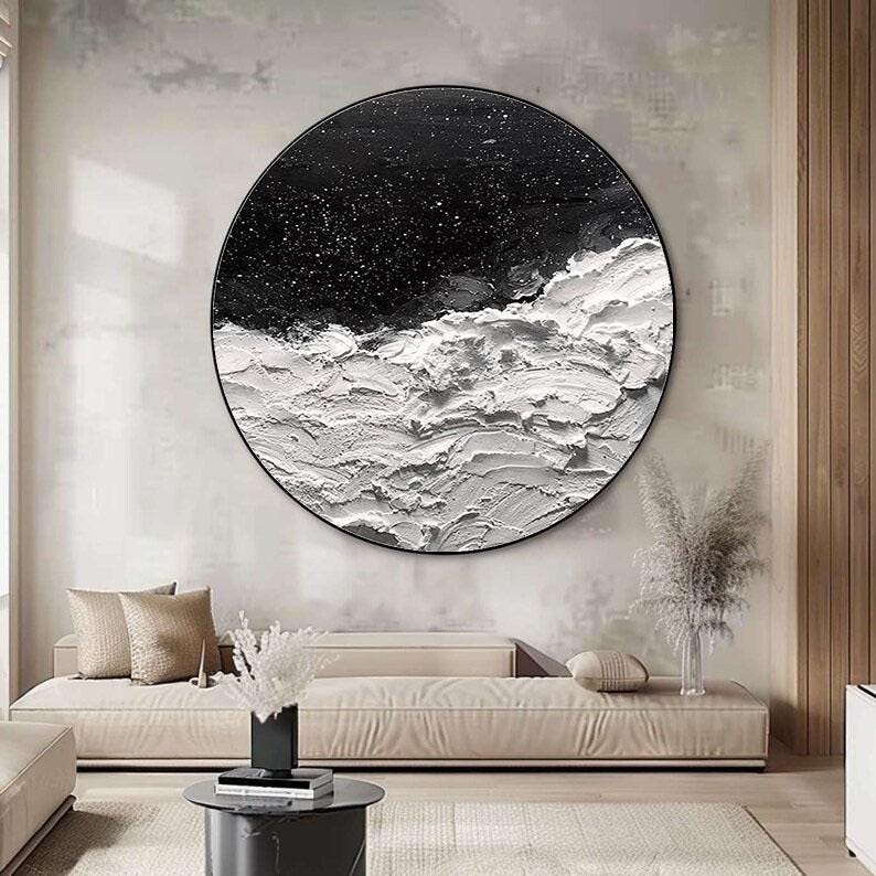 Black and White Circle Abstract Painting – Textured Wall Art