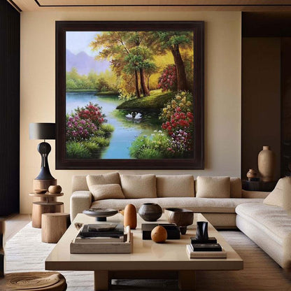 Classical Landscape Oil Painting on Canvas, Original Forest and Stream Canvas Wall Art, Large Modern Trees and River Artwork for Living Room