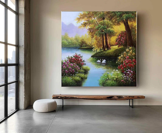 Classical Landscape Oil Painting on Canvas, Original Forest and Stream Canvas Wall Art, Large Modern Trees and River Artwork for Living Room