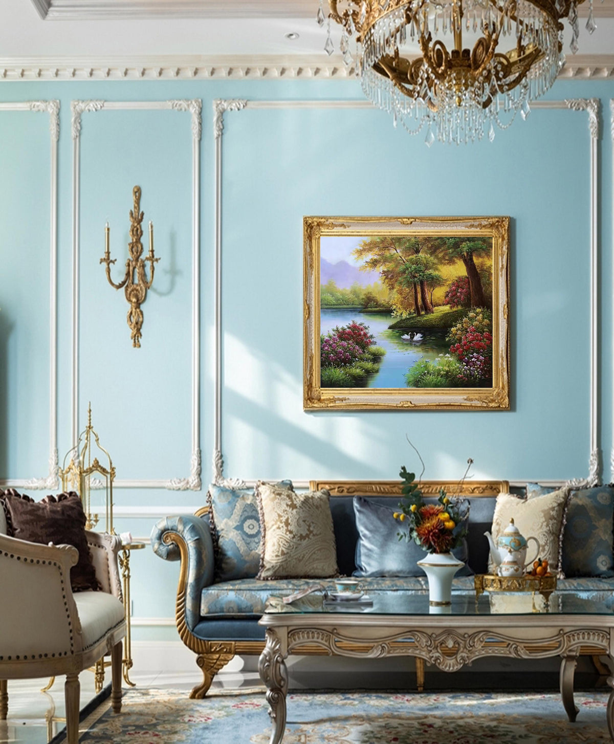 Classical Landscape Oil Painting on Canvas, Original Forest and Stream Canvas Wall Art, Large Modern Trees and River Artwork for Living Room
