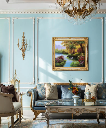 Classical Landscape Oil Painting on Canvas, Original Forest and Stream Canvas Wall Art, Large Modern Trees and River Artwork for Living Room