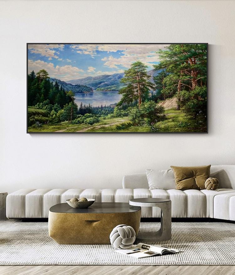 Classical Landscape Oil Painting on Canvas, Original Forest and Stream Canvas Wall Art, Large Modern Trees and River Artwork for Living Room