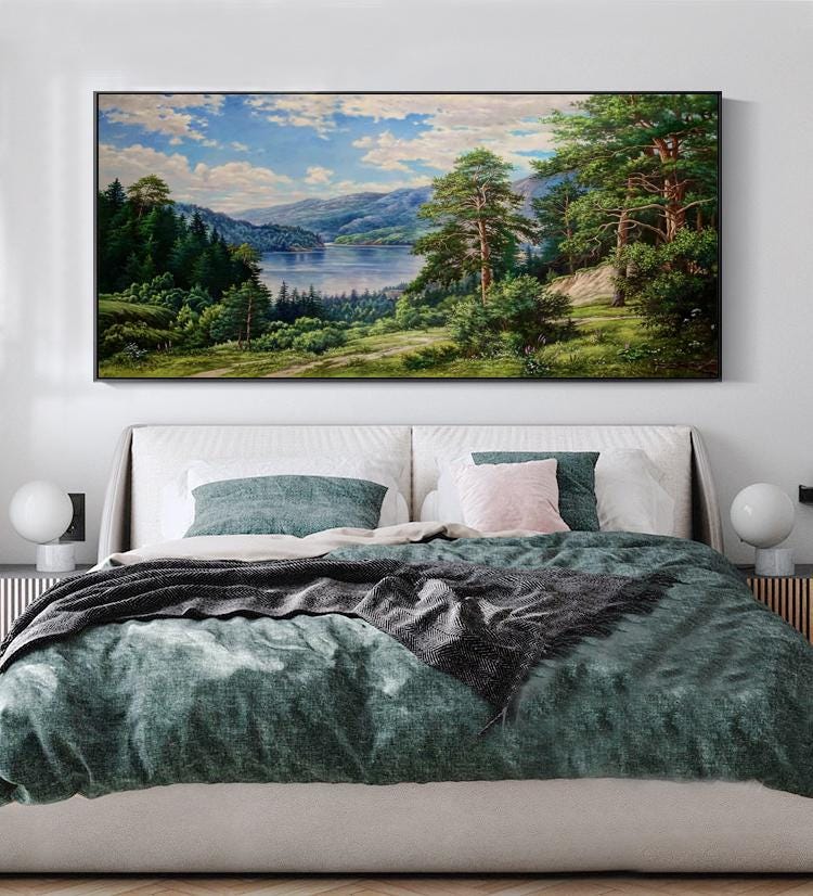 Classical Landscape Oil Painting on Canvas, Original Forest and Stream Canvas Wall Art, Large Modern Trees and River Artwork for Living Room