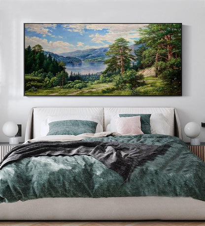 Classical Landscape Oil Painting on Canvas, Original Forest and Stream Canvas Wall Art, Large Modern Trees and River Artwork for Living Room
