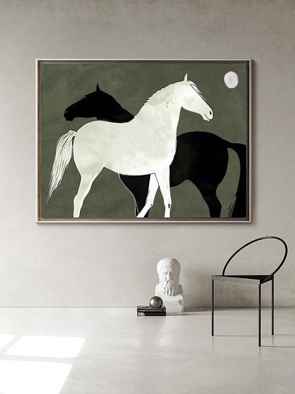 Abstract Black and White Horses oil painting on Canvas, Large Original Horse Canvas Art, Modern Animal Painting for Living Room, Home Décor
