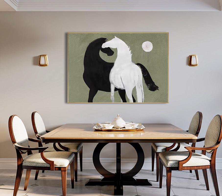 Abstract Black and White Horses oil painting on Canvas, Large Original Horse Canvas Art, Modern Animal Painting for Living Room, Home Décor