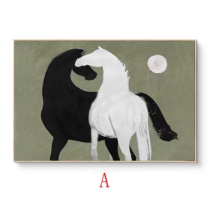 Abstract Black and White Horses oil painting on Canvas, Large Original Horse Canvas Art, Modern Animal Painting for Living Room, Home Décor