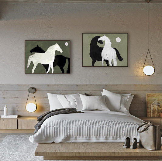 Abstract Black and White Horses oil painting on Canvas, Large Original Horse Canvas Art, Modern Animal Painting for Living Room, Home Décor
