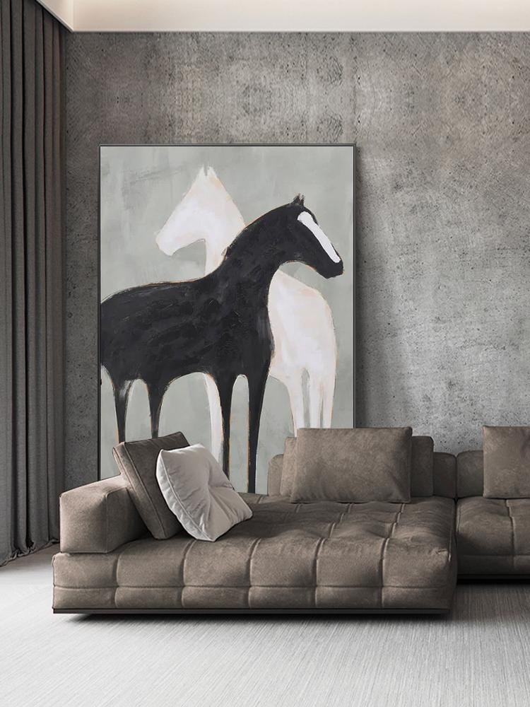 Abstract Black and White Horse Oil Painting on Canvas, Large Original Horses Canvas Wall Art, Modern Animal Wall Art for Living Room Bedroom