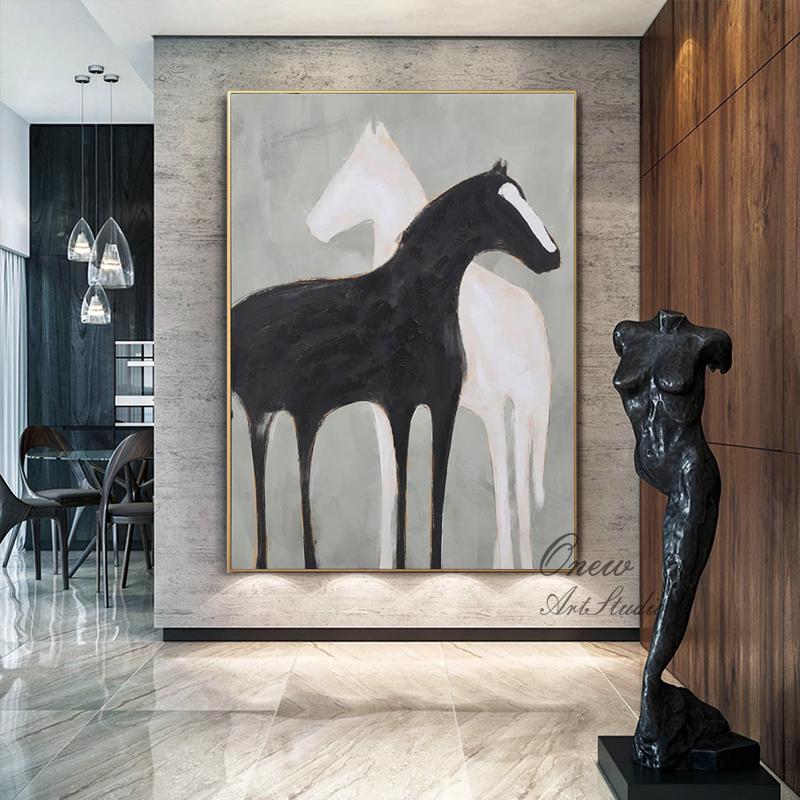 Abstract Black and White Horse Oil Painting on Canvas, Large Original Horses Canvas Wall Art, Modern Animal Wall Art for Living Room Bedroom
