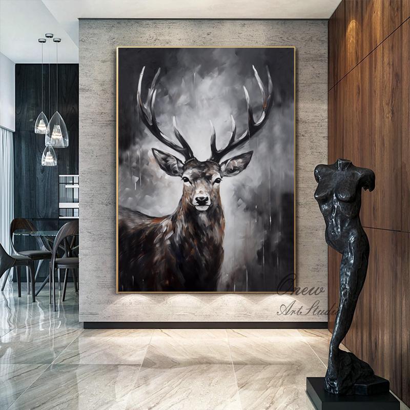 Large Abstract Deer Oil Painting on Canvas, Original Hand-painted Stag Canvas Wall Art, Modern Animal Painting for Living Room, Home Décor