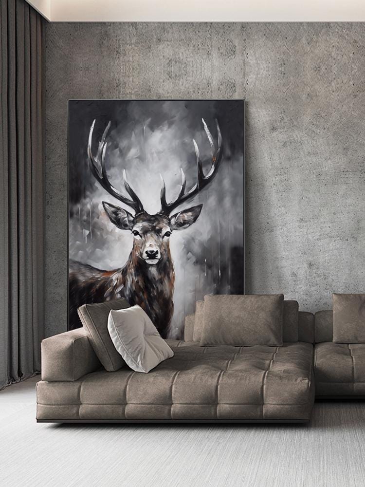 Large Abstract Deer Oil Painting on Canvas, Original Hand-painted Stag Canvas Wall Art, Modern Animal Painting for Living Room, Home Décor