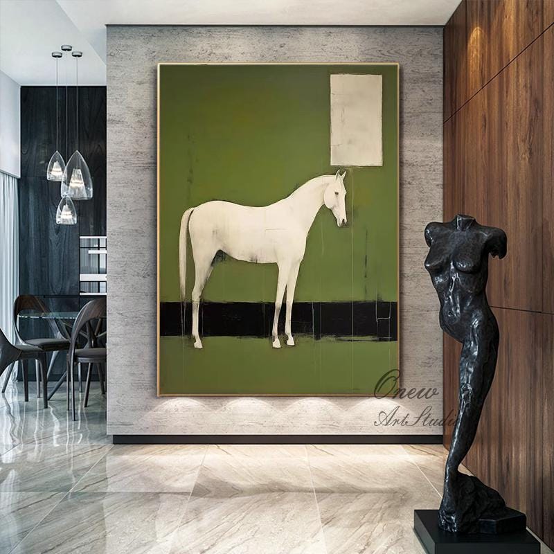 Abstract White Horse Oil Painting on Canvas, Original Horse Canvas Wall Art, Modern Hand-painted Animal Painting for Living Room, Home Décor