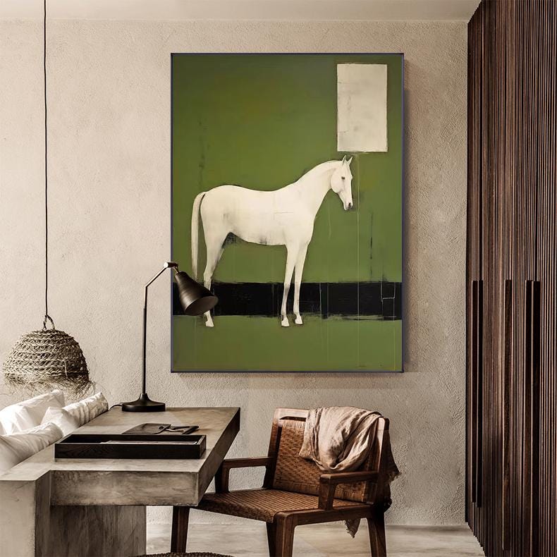 Abstract White Horse Oil Painting on Canvas, Original Horse Canvas Wall Art, Modern Hand-painted Animal Painting for Living Room, Home Décor