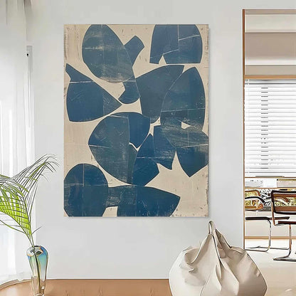 Teal Blue Organic Shape Wall Art Beige Abstract Canvas Painting for Modern Entryway Decor