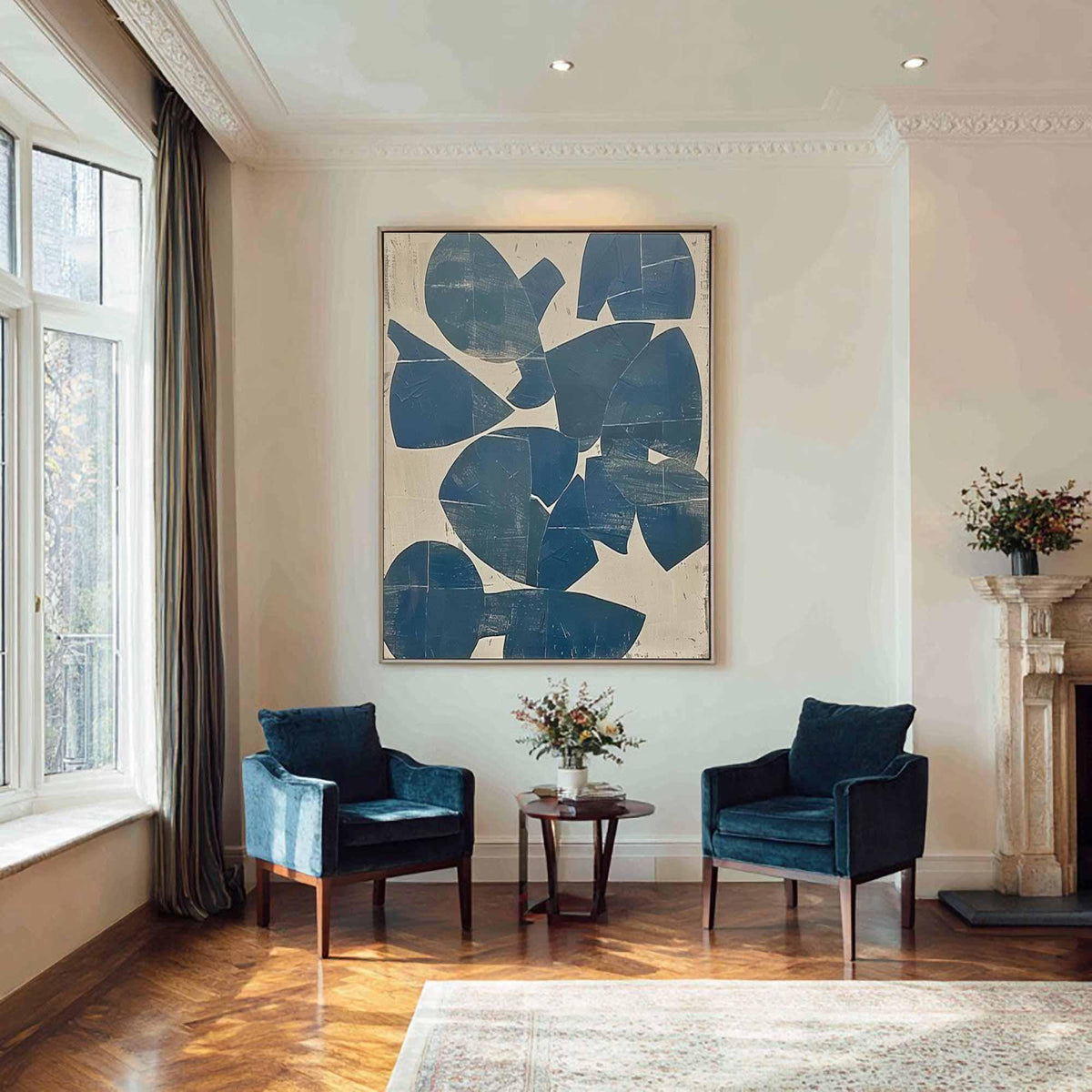 Teal Blue Organic Shape Wall Art Beige Abstract Canvas Painting for Modern Entryway Decor
