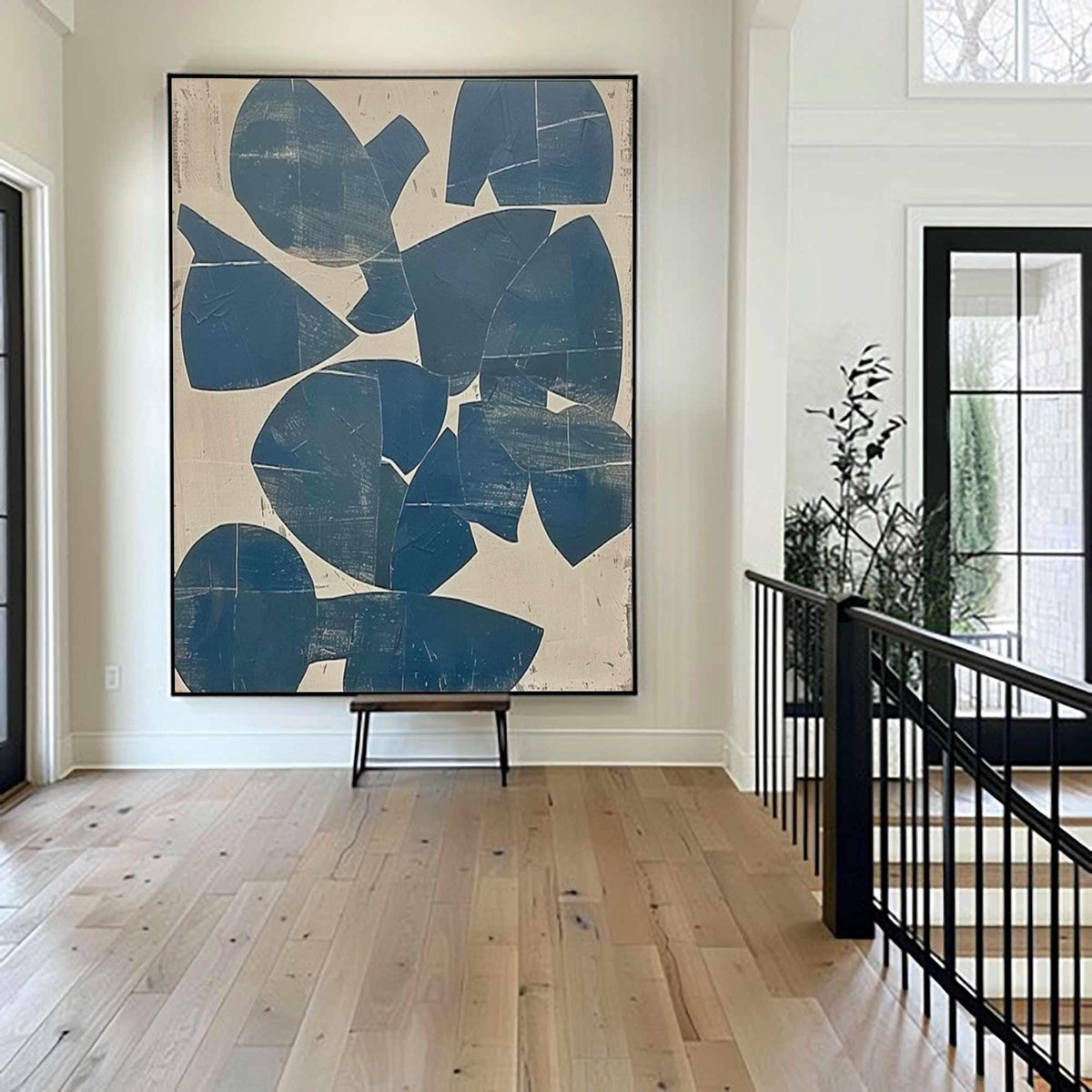 Teal Blue Organic Shape Wall Art Beige Abstract Canvas Painting for Modern Entryway Decor