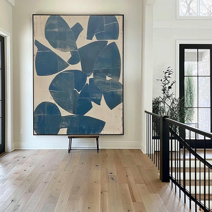 Teal Blue Organic Shape Wall Art Beige Abstract Canvas Painting for Modern Entryway Decor