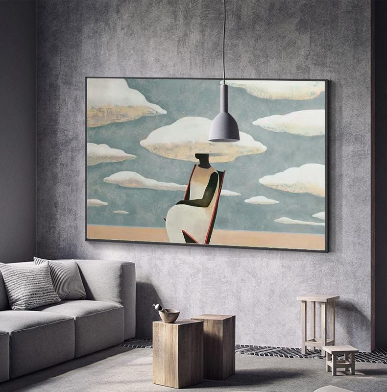 Large Abstract Black Woman Painting on Canvas, Original Beach and Clouds Canvas Wall Art, Modern Woman at Beach Painting for Living Room