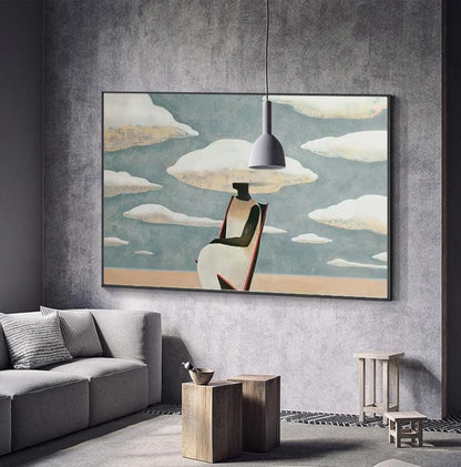 Large Abstract Black Woman Painting on Canvas, Original Beach and Clouds Canvas Wall Art, Modern Woman at Beach Painting for Living Room