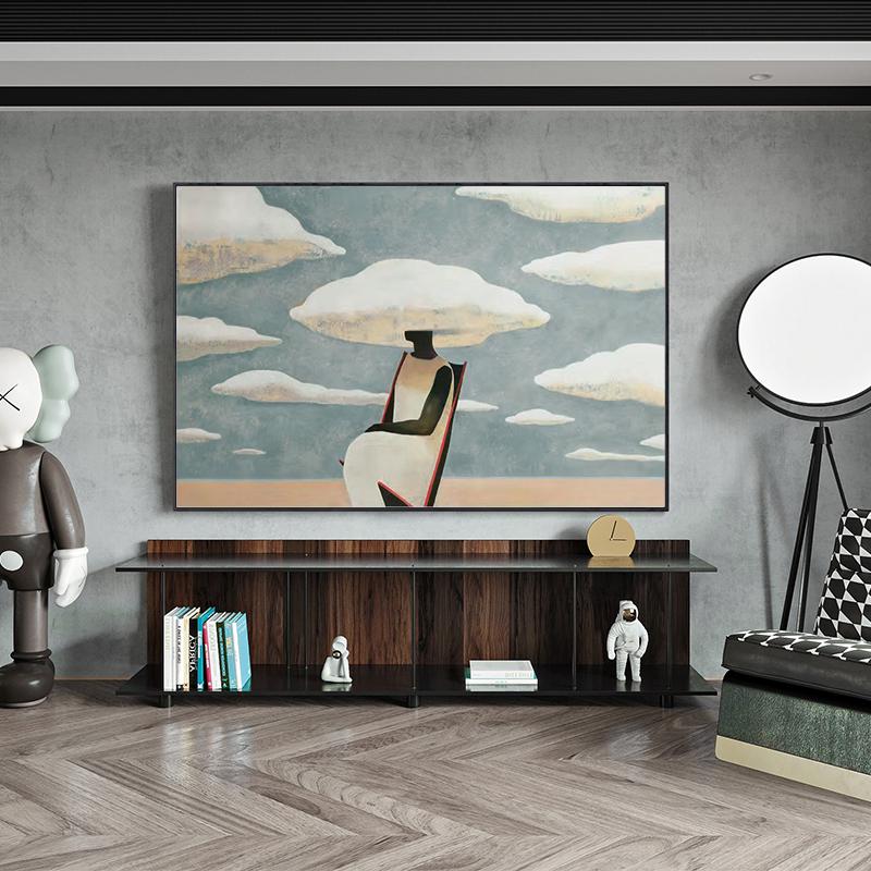 Large Abstract Black Woman Painting on Canvas, Original Beach and Clouds Canvas Wall Art, Modern Woman at Beach Painting for Living Room