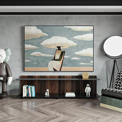 Large Abstract Black Woman Painting on Canvas, Original Beach and Clouds Canvas Wall Art, Modern Woman at Beach Painting for Living Room