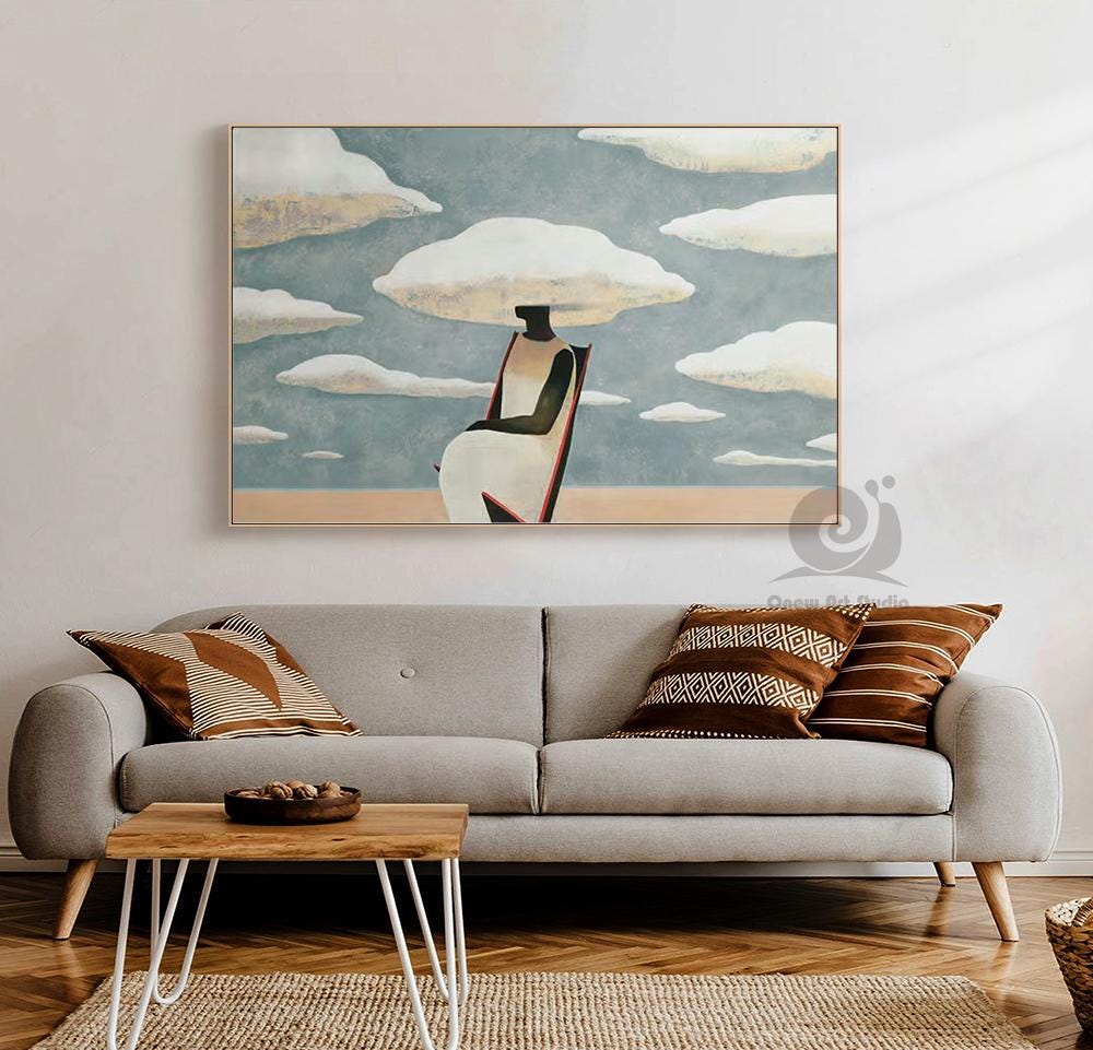 Large Abstract Black Woman Painting on Canvas, Original Beach and Clouds Canvas Wall Art, Modern Woman at Beach Painting for Living Room