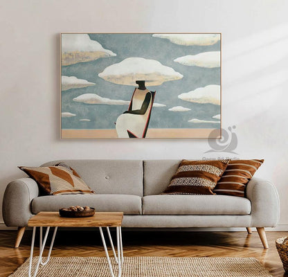Large Abstract Black Woman Painting on Canvas, Original Beach and Clouds Canvas Wall Art, Modern Woman at Beach Painting for Living Room