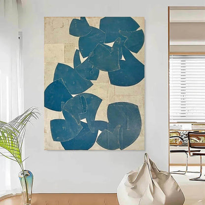 Blue Beige Organic Shape Wall Art Vertical Abstract Canvas Painting for Modern Bedroom Decor