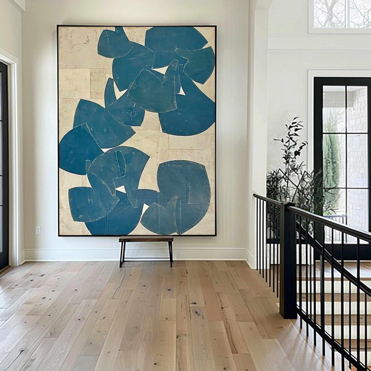 Blue Beige Organic Shape Wall Art Vertical Abstract Canvas Painting for Modern Bedroom Decor