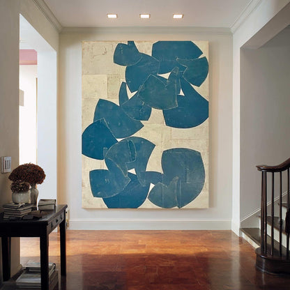Blue Beige Organic Shape Wall Art Vertical Abstract Canvas Painting for Modern Bedroom Decor