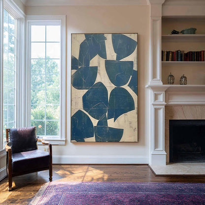 May include: A large rectangular wall art piece featuring a series of dark navy blue abstract shapes layered over a textured cream-colored background. The composition consists of multiple rounded, semi-circular, and organic forms arranged in a vertical orientation.