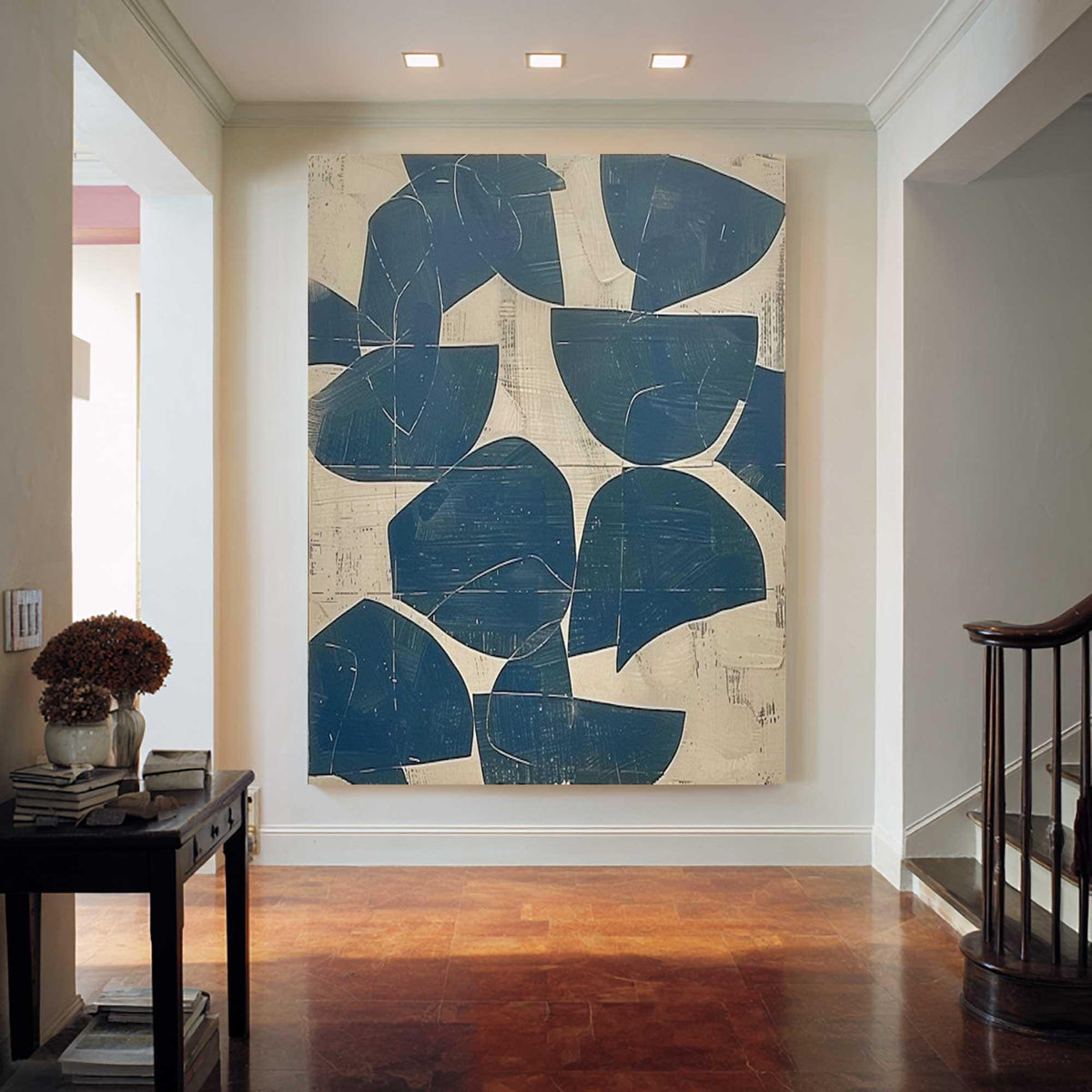 May include: A large rectangular wall art piece featuring a series of dark blue semi-circular and abstract shapes layered over a textured off-white background. The composition consists of bold, geometric forms with visible brushstroke textures.