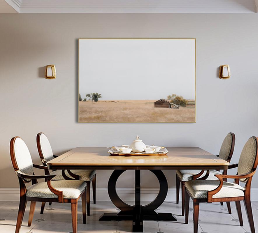 Abstract Landscape Oil Painting on Canvas, Original Wheat Field Meadow and Farmhouse Canvas Wall Art, Modern Countryside Art for Living Room