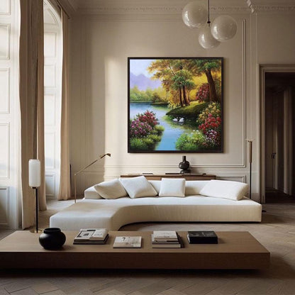 Classical Landscape Oil Painting on Canvas, Original Forest and Stream Canvas Wall Art, Large Modern Trees and River Artwork for Living Room