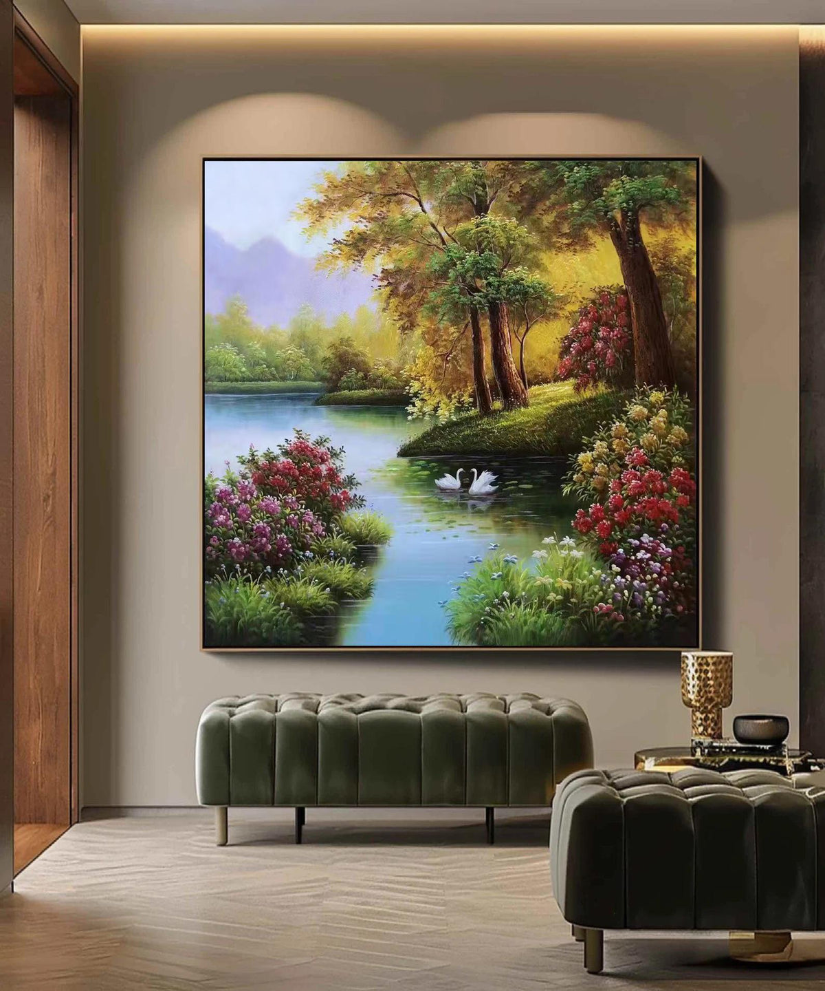 Classical Landscape Oil Painting on Canvas, Original Forest and Stream Canvas Wall Art, Large Modern Trees and River Artwork for Living Room