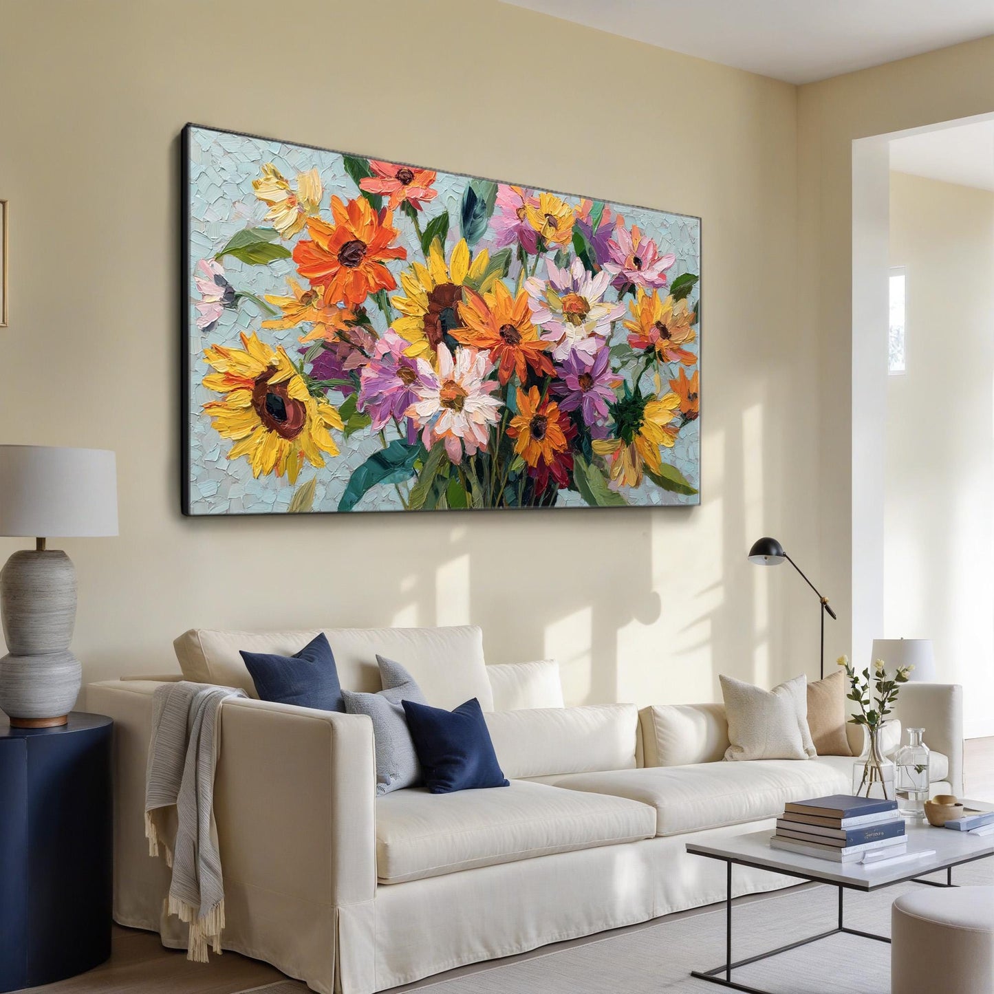 Colorful Textured Sunflower and Daisy Bouquet Oil Painting – Floral Wall Art