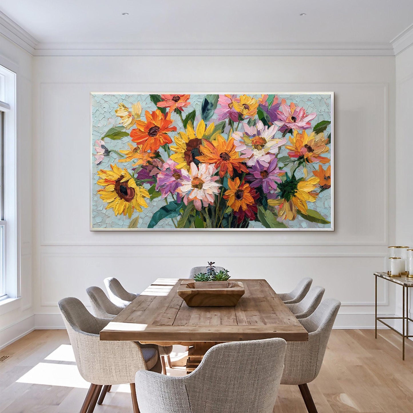 Colorful Textured Sunflower and Daisy Bouquet Oil Painting – Floral Wall Art
