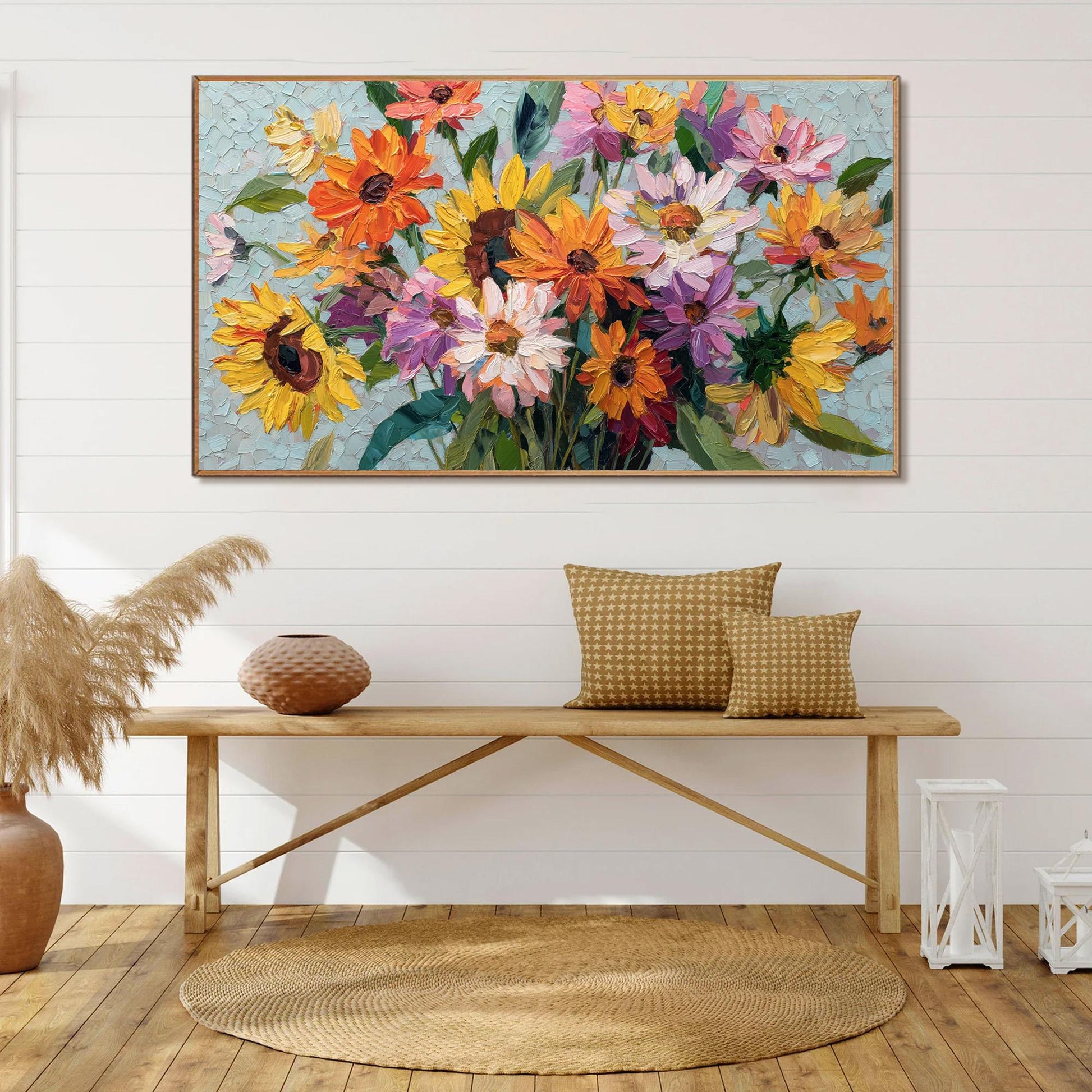 Textured Floral Oil Painting On Canvas, Vibrant Blooming Flowers Wall Art – Colorful Sunflower Floral Wall Art | Textured Oil