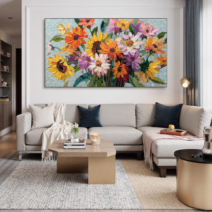 Textured Floral Oil Painting On Canvas, Vibrant Blooming Flowers Wall Art – Colorful Sunflower Floral Wall Art | Textured Oil