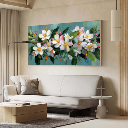 Teal and White Textured Floral Wall Art – Textured Floral Oil Painting On Canvas, Soft Spring Wall Art, Framed Ready-to-Hang Home Decor