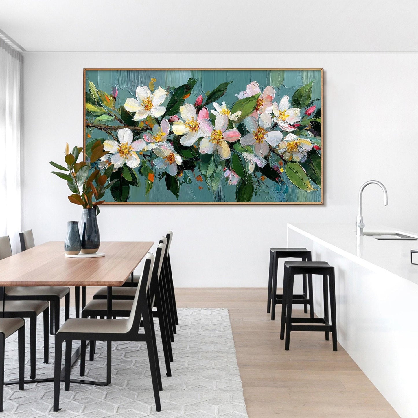 Teal and White Textured Floral Wall Art – Textured Floral Oil Painting On Canvas, Soft Spring Wall Art, Framed Ready-to-Hang Home Decor