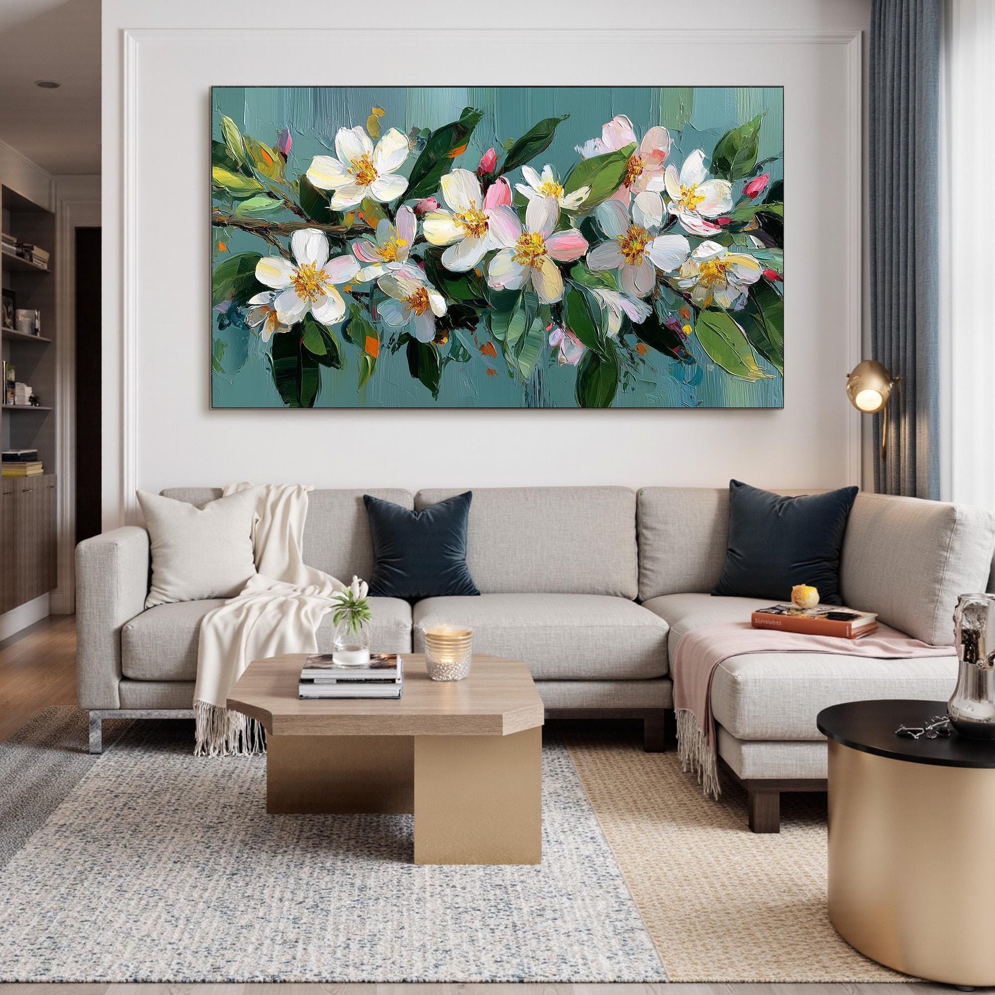 Textured Floral Oil Painting On Canvas, Soft Spring Wall Art, Framed Ready-to-Hang Home Decor – Teal and White Floral Wall Ar