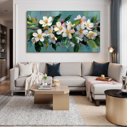 Textured Floral Oil Painting On Canvas, Soft Spring Wall Art, Framed Ready-to-Hang Home Decor – Teal and White Floral Wall Ar