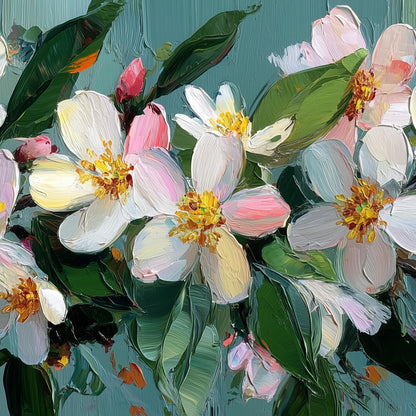 Textured Floral Oil Painting On Canvas, Soft Spring Wall Art, Framed Ready-to-Hang Home Decor – Teal and White Floral Wall Ar