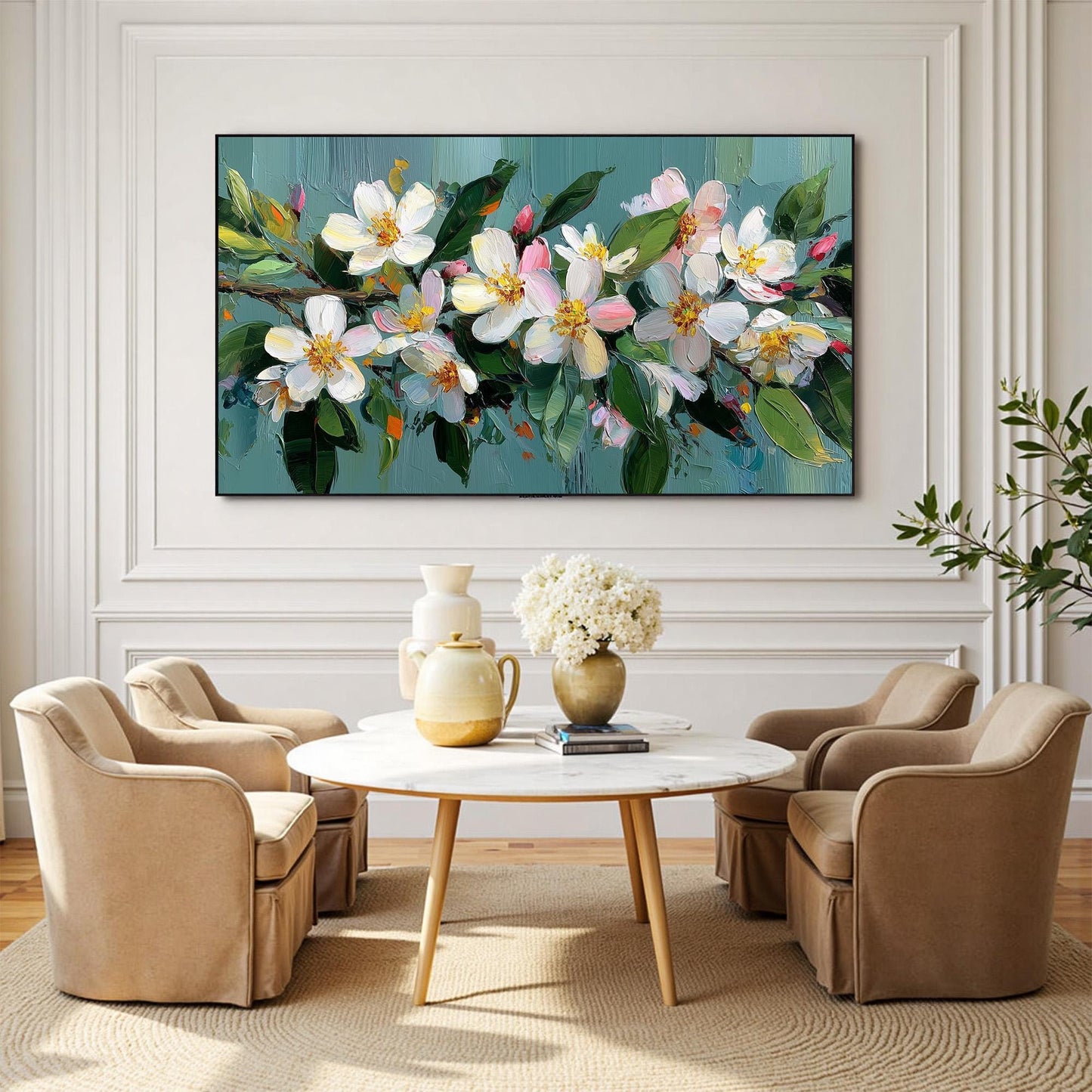 Textured Floral Oil Painting On Canvas, Soft Spring Wall Art, Framed Ready-to-Hang Home Decor – Teal and White Floral Wall Ar